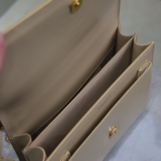YSL 25S SUNSET BAG 22 IN NUDE CALFSKIN GOLD HARDWARE
