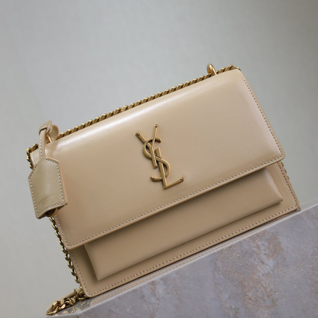 YSL 25S SUNSET BAG 22 IN NUDE CALFSKIN GOLD HARDWARE