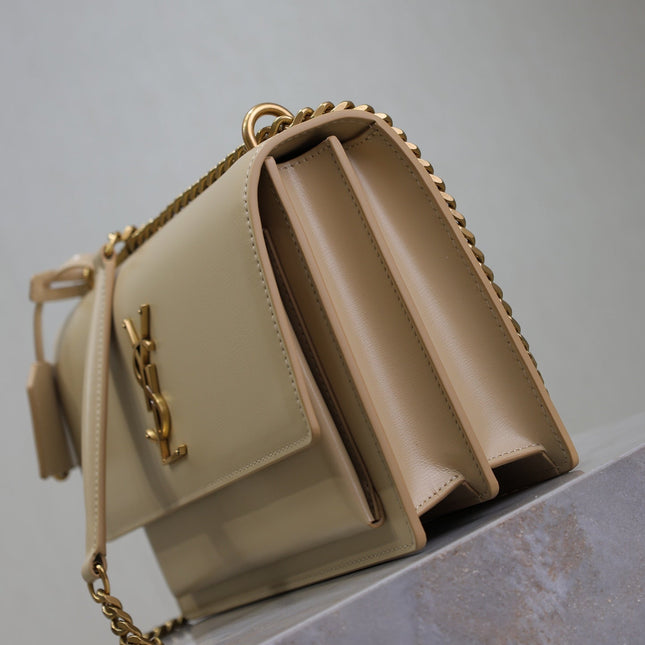 YSL 25S SUNSET BAG 22 IN NUDE CALFSKIN GOLD HARDWARE