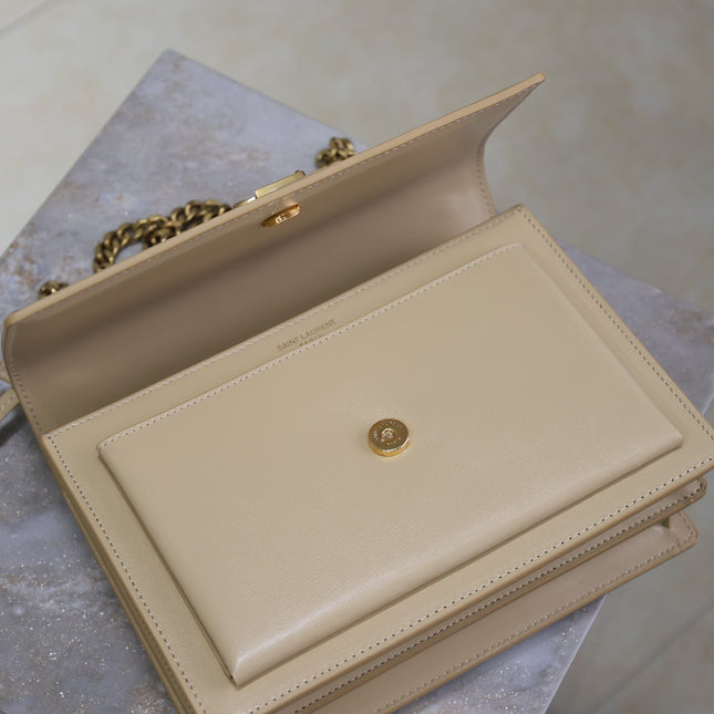 YSL 25S SUNSET BAG 22 IN NUDE CALFSKIN GOLD HARDWARE