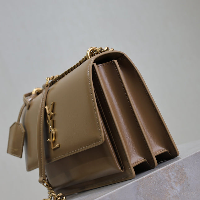 YSL 25S SUNSET BAG 22 IN BROWN CALFSKIN GOLD HARDWARE