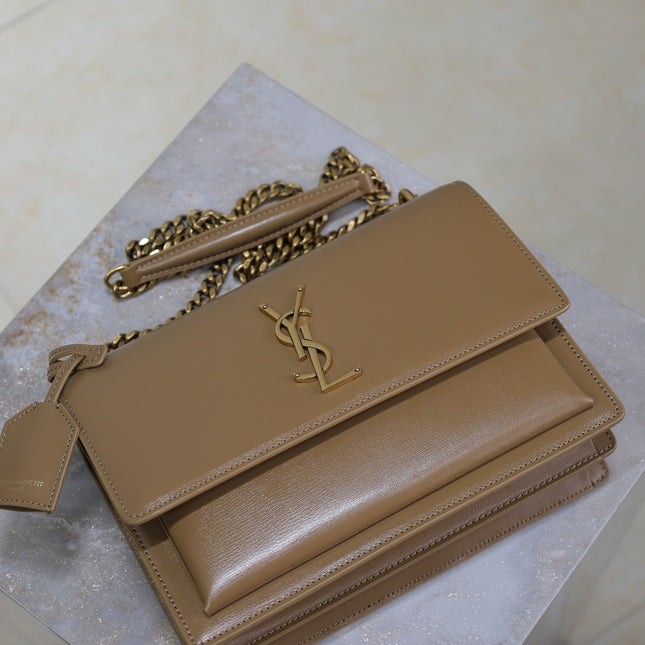 YSL 25S SUNSET BAG 22 IN BROWN CALFSKIN GOLD HARDWARE