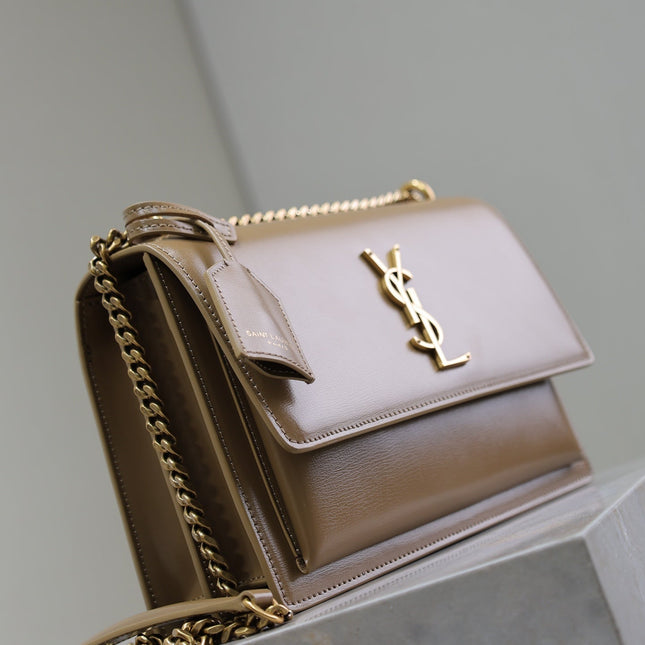 YSL 25S SUNSET BAG 22 IN BROWN CALFSKIN GOLD HARDWARE