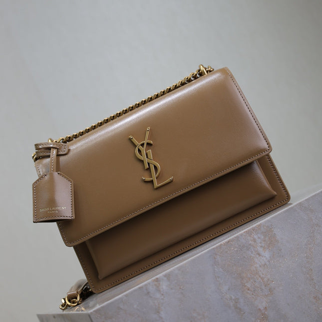 YSL 25S SUNSET BAG 22 IN BROWN CALFSKIN GOLD HARDWARE