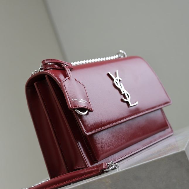 YSL 25S SUNSET BAG 22 IN CRIMSON RED CALFSKIN SILVER HARDWARE