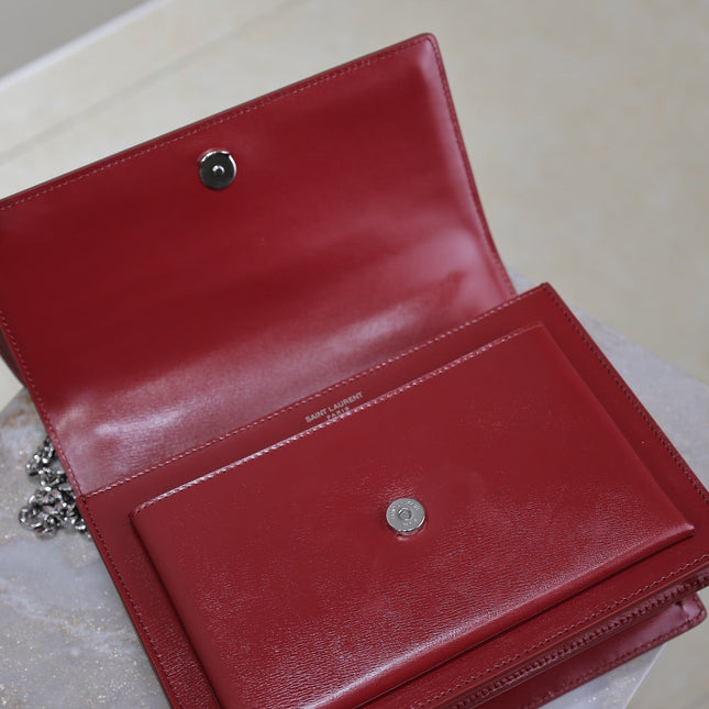 YSL 25S SUNSET BAG 22 IN CRIMSON RED CALFSKIN SILVER HARDWARE