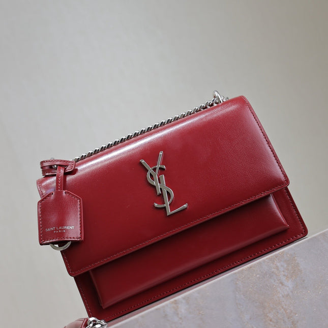YSL 25S SUNSET BAG 22 IN CRIMSON RED CALFSKIN SILVER HARDWARE