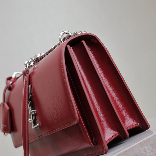 YSL 25S SUNSET BAG 22 IN CRIMSON RED CALFSKIN SILVER HARDWARE