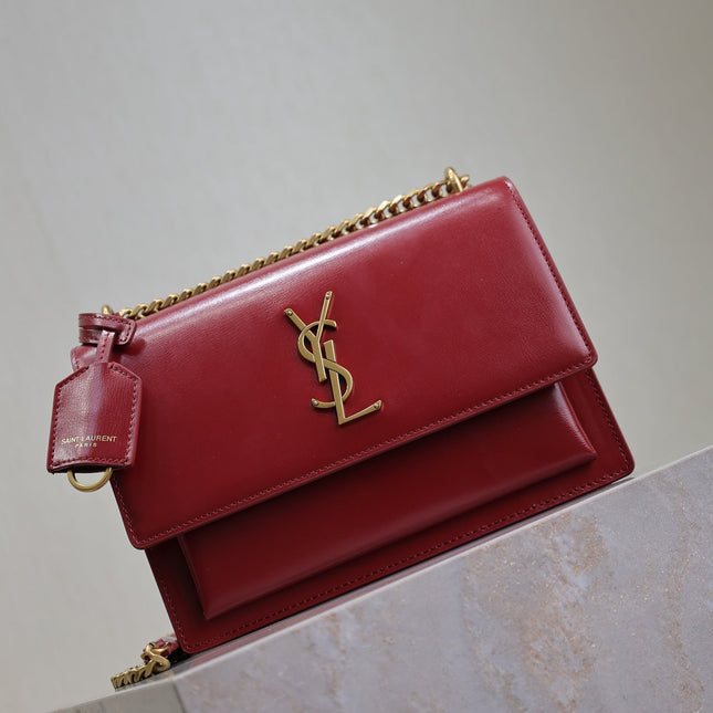 YSL 25S SUNSET BAG 22 IN CRIMSON RED CALFSKIN GOLD HARDWARE