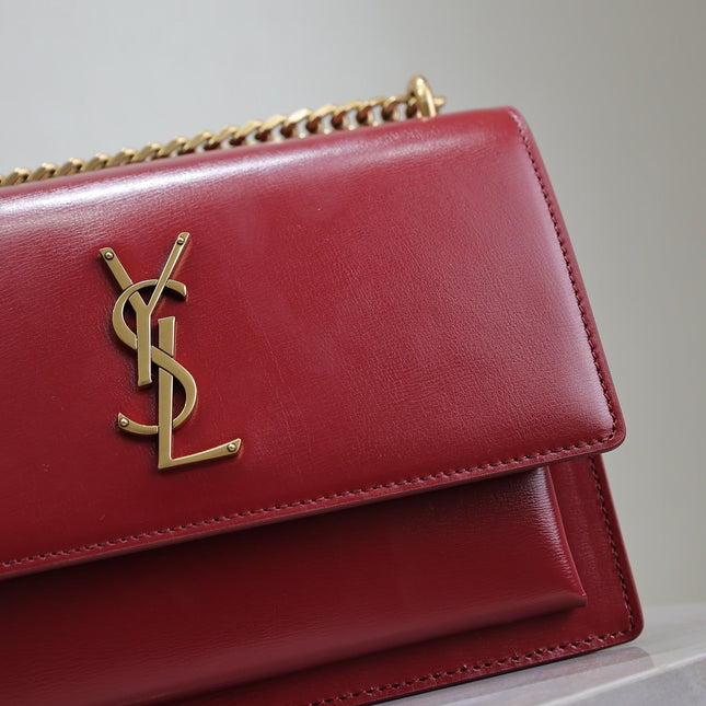 YSL 25S SUNSET BAG 22 IN CRIMSON RED CALFSKIN GOLD HARDWARE