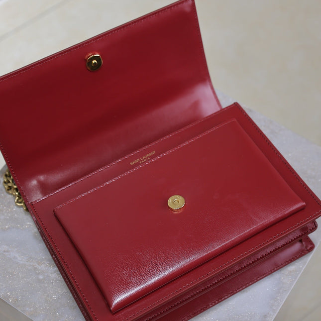 YSL 25S SUNSET BAG 22 IN CRIMSON RED CALFSKIN GOLD HARDWARE