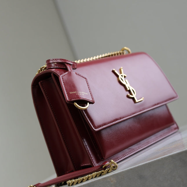 YSL 25S SUNSET BAG 22 IN CRIMSON RED CALFSKIN GOLD HARDWARE