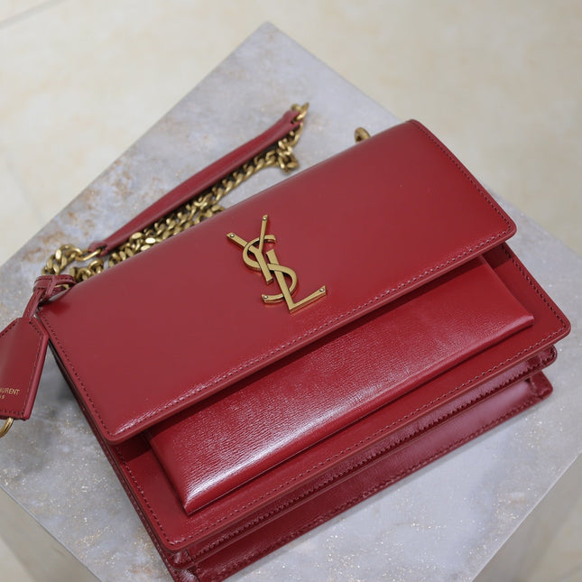YSL 25S SUNSET BAG 22 IN CRIMSON RED CALFSKIN GOLD HARDWARE