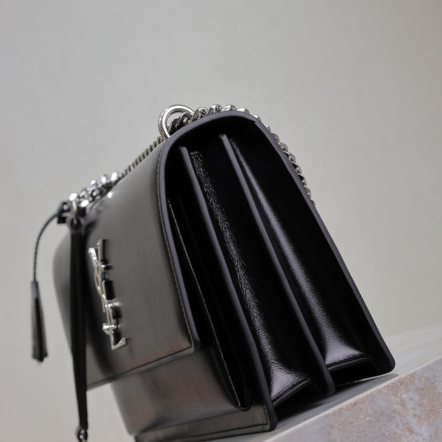 YSL 25S SUNSET BAG 22 IN BLACK CALFSKIN SILVER HARDWARE