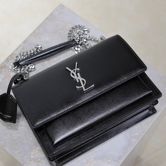 YSL 25S SUNSET BAG 22 IN BLACK CALFSKIN SILVER HARDWARE