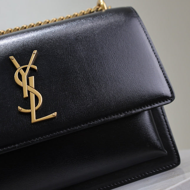 YSL 25S SUNSET BAG 22 IN BLACK CALFSKIN GOLD HARDWARE