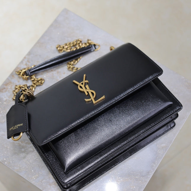 YSL 25S SUNSET BAG 22 IN BLACK CALFSKIN GOLD HARDWARE