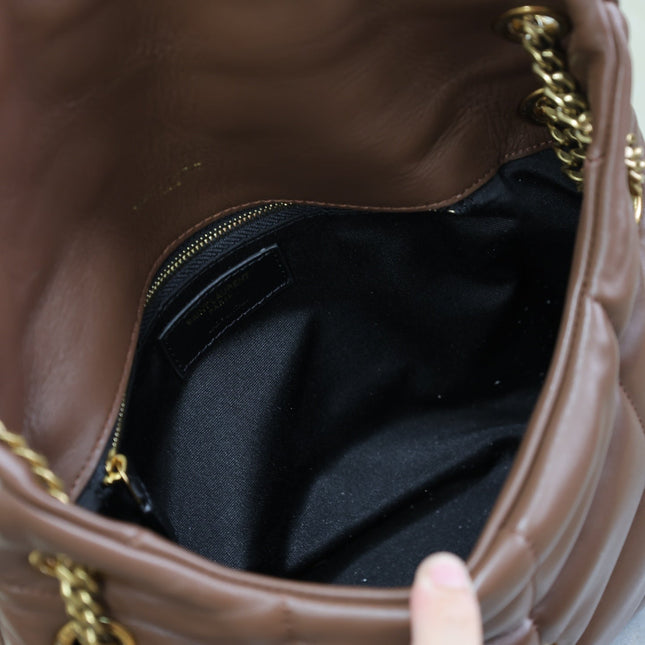 YSL 25S LOULOU PUFFER MM 29 IN DARK BROWN CALFSKIN GOLD HARDWARE