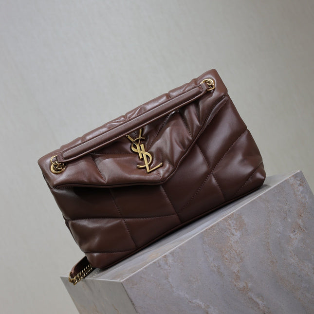 YSL 25S LOULOU PUFFER MM 29 IN DARK BROWN CALFSKIN GOLD HARDWARE