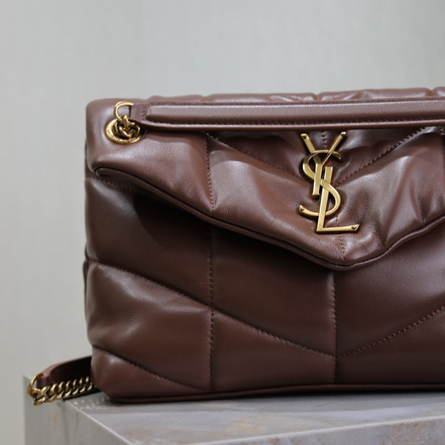 YSL 25S LOULOU PUFFER MM 29 IN DARK BROWN CALFSKIN GOLD HARDWARE