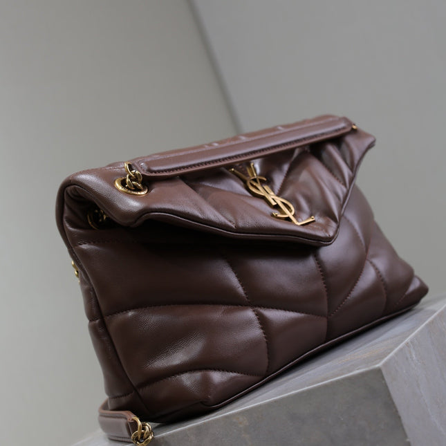 YSL 25S LOULOU PUFFER MM 29 IN DARK BROWN CALFSKIN GOLD HARDWARE