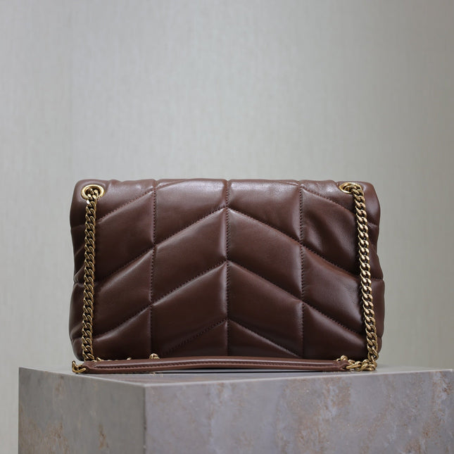 YSL 25S LOULOU PUFFER MM 29 IN DARK BROWN CALFSKIN GOLD HARDWARE
