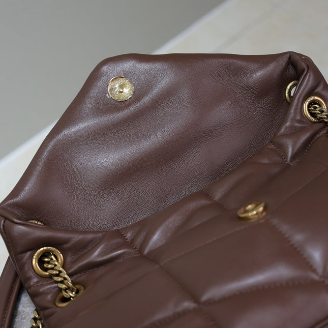 YSL 25S LOULOU PUFFER MM 29 IN DARK BROWN CALFSKIN GOLD HARDWARE