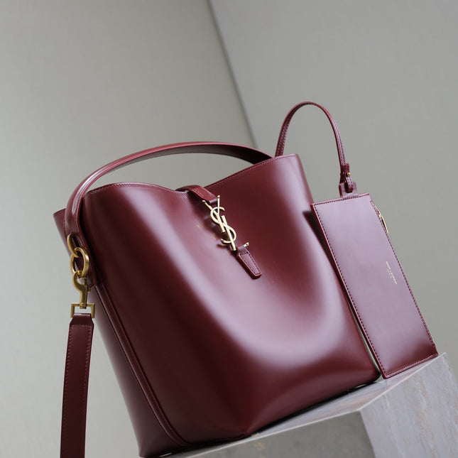YSL 25S LE 5 À 7 BUCKET 26 IN DARK BURGUNDY CALFSKIN GOLD HARDWARE