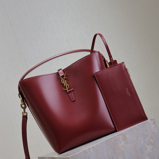 YSL 25S LE 5 À 7 BUCKET 26 IN DARK BURGUNDY CALFSKIN GOLD HARDWARE