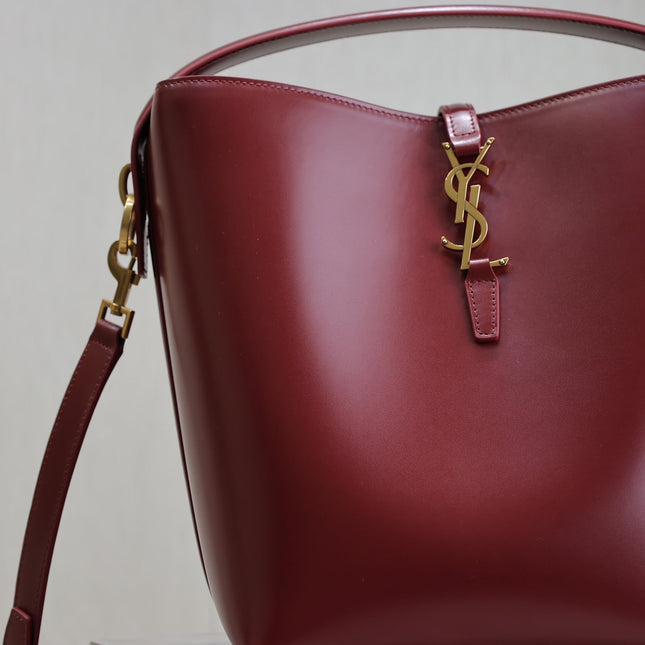 YSL 25S LE 5 À 7 BUCKET 26 IN DARK BURGUNDY CALFSKIN GOLD HARDWARE
