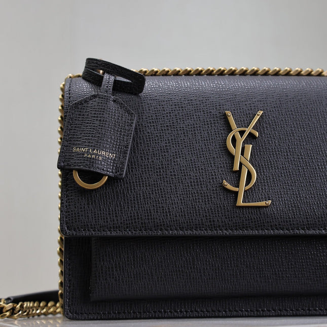 YSL 25S SUNSET MEDIUM 22 IN BLACK GRAINED CALFSKIN GOLD HARDWARE