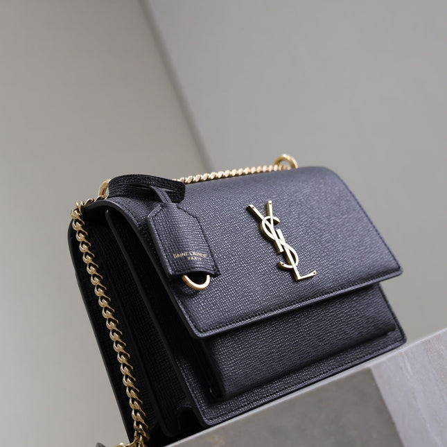 YSL 25S SUNSET MEDIUM 22 IN BLACK GRAINED CALFSKIN GOLD HARDWARE