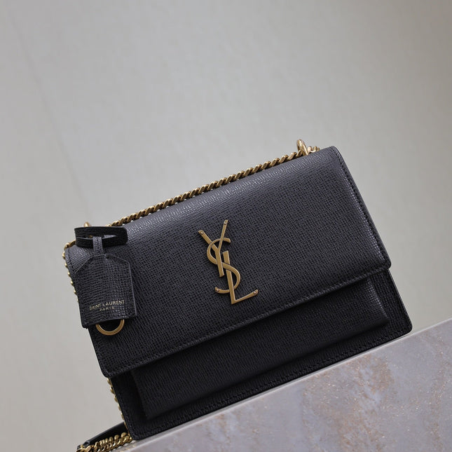 YSL 25S SUNSET MEDIUM 22 IN BLACK GRAINED CALFSKIN GOLD HARDWARE