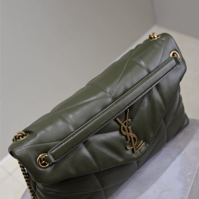 YSL 25S LOULOU PUFFER GM 35 IN DARK OLIVE CALFSKIN GOLD HARDWARE