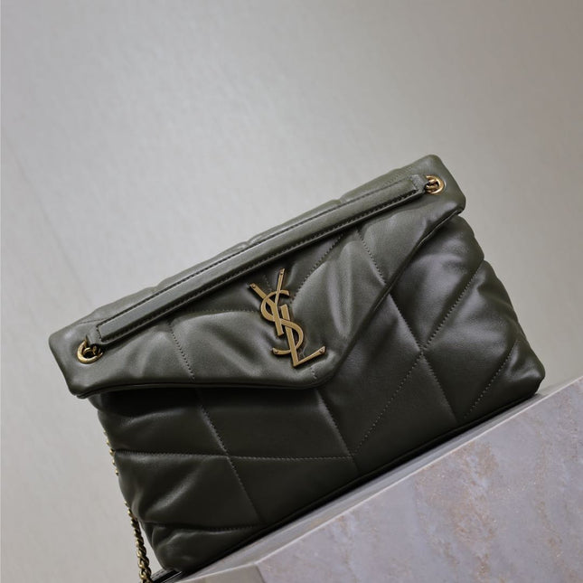 YSL 25S LOULOU PUFFER GM 35 IN DARK OLIVE CALFSKIN GOLD HARDWARE
