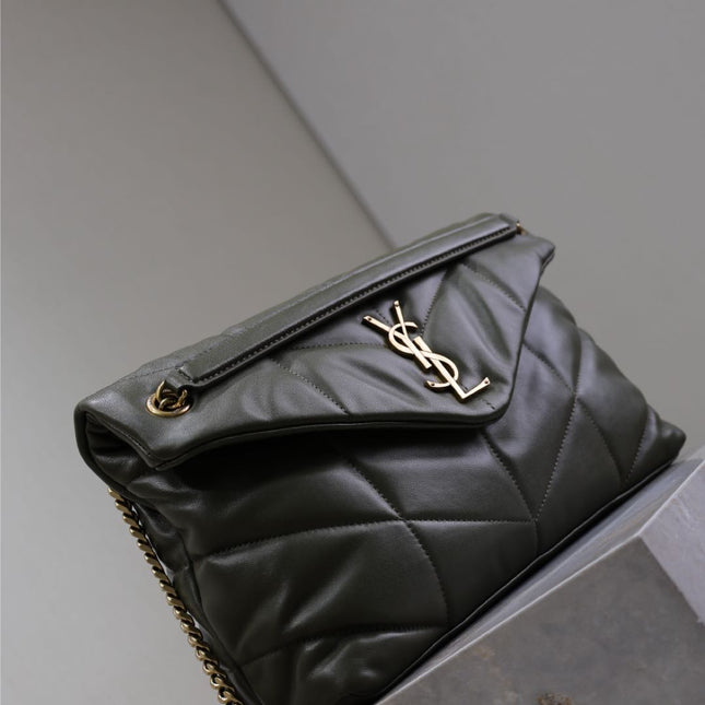 YSL 25S LOULOU PUFFER GM 35 IN DARK OLIVE CALFSKIN GOLD HARDWARE