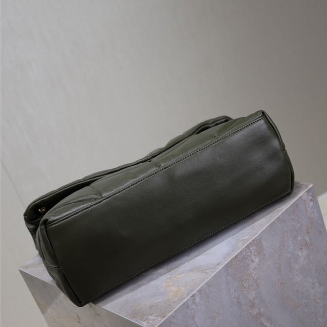 YSL 25S LOULOU PUFFER GM 35 IN DARK OLIVE CALFSKIN GOLD HARDWARE