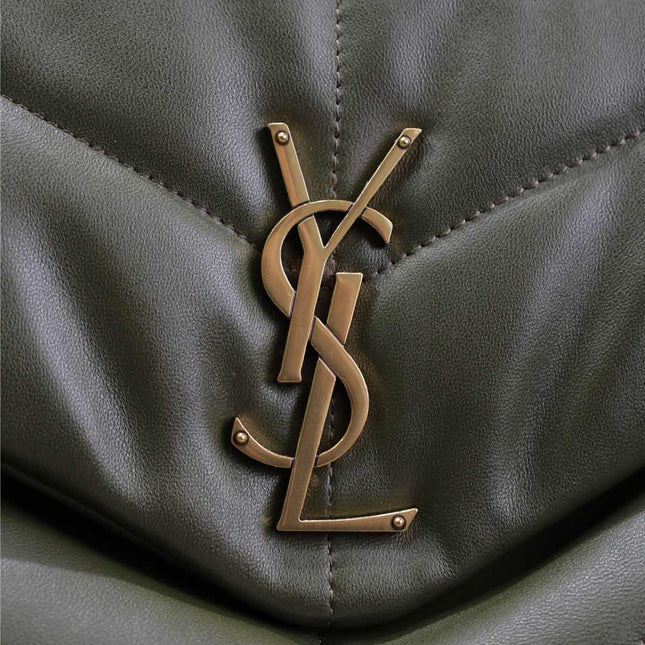 YSL 25S LOULOU PUFFER GM 35 IN DARK OLIVE CALFSKIN GOLD HARDWARE