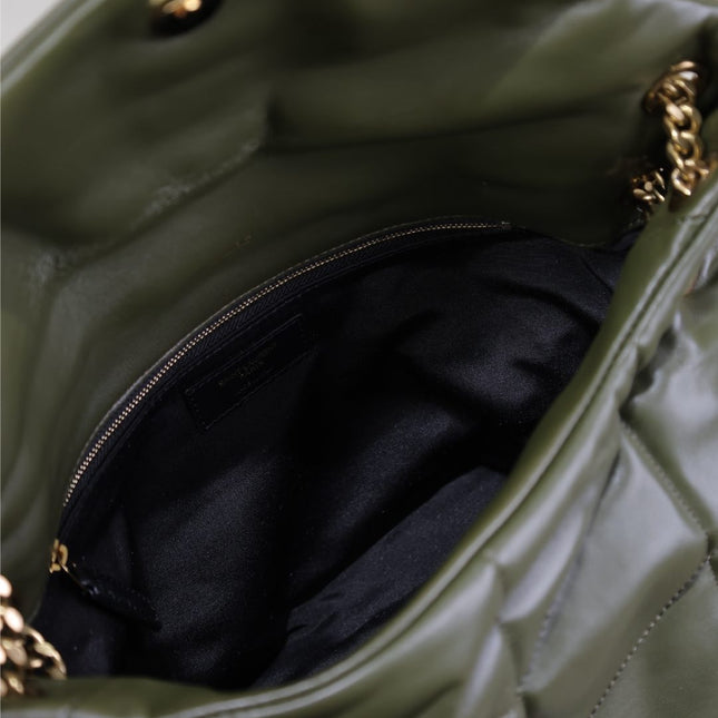 YSL 25S LOULOU PUFFER GM 35 IN DARK OLIVE CALFSKIN GOLD HARDWARE