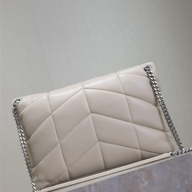 YSL 25S LOULOU PUFFER GM 35 IN SMOKEY TAUPE CALFSKIN SILVER HARDWARE