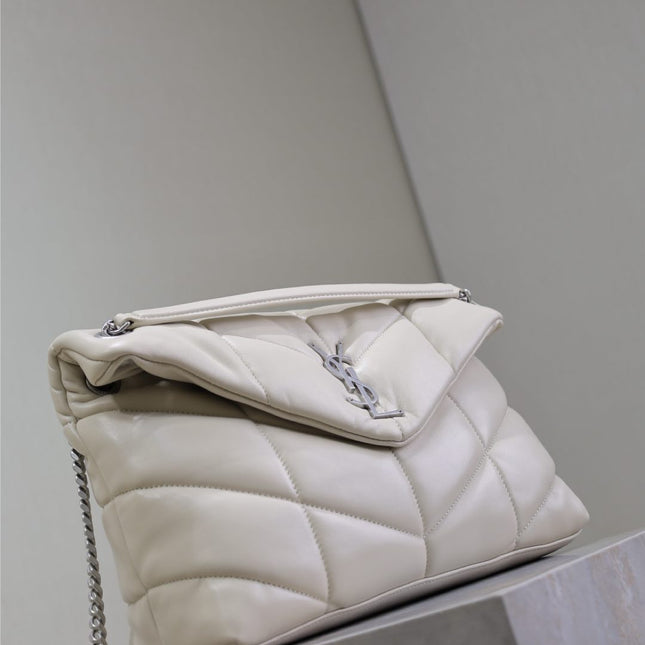 YSL 25S LOULOU PUFFER GM 35 IN SMOKEY TAUPE CALFSKIN SILVER HARDWARE