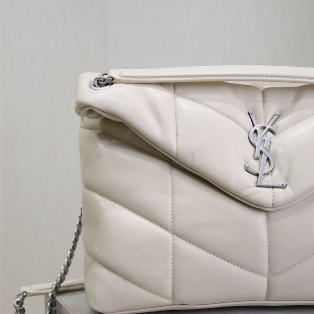 YSL 25S LOULOU PUFFER GM 35 IN SMOKEY TAUPE CALFSKIN SILVER HARDWARE