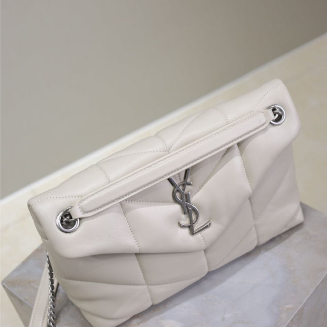 YSL 25S LOULOU PUFFER MM 29 IN SMOKEY TAUPE CALFSKIN SILVER HARDWARE