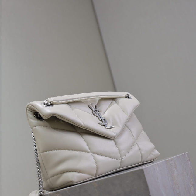 YSL 25S LOULOU PUFFER MM 29 IN SMOKEY TAUPE CALFSKIN SILVER HARDWARE