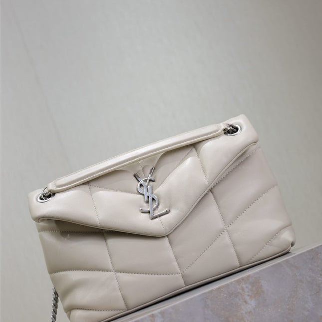 YSL 25S LOULOU PUFFER MM 29 IN SMOKEY TAUPE CALFSKIN SILVER HARDWARE