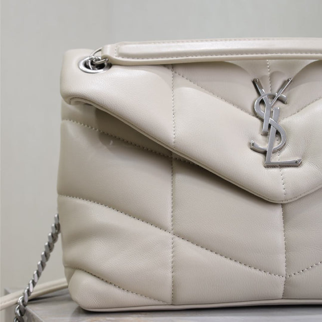 YSL 25S LOULOU PUFFER MM 29 IN SMOKEY TAUPE CALFSKIN SILVER HARDWARE