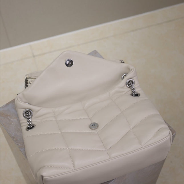 YSL 25S LOULOU PUFFER MM 29 IN SMOKEY TAUPE CALFSKIN SILVER HARDWARE