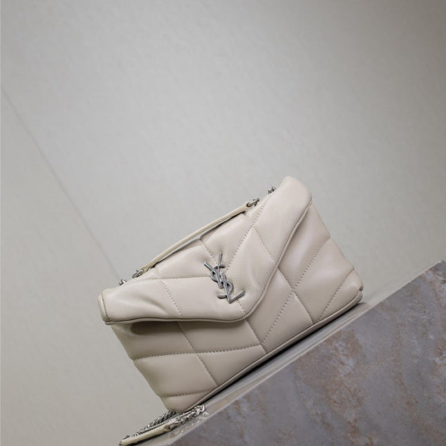 YSL 25S LOULOU PUFFER MINI 23 IN SMOKEY TAUPE CALFSKIN SILVER HARDWARE