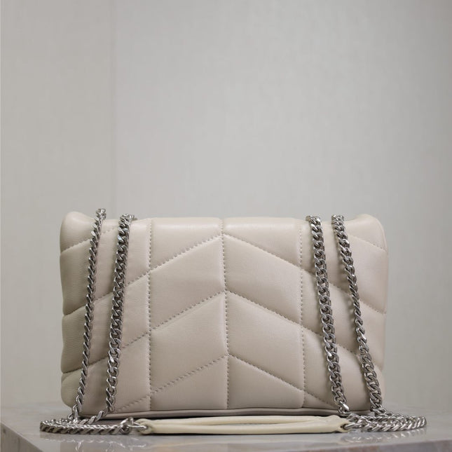 YSL 25S LOULOU PUFFER MINI 23 IN SMOKEY TAUPE CALFSKIN SILVER HARDWARE