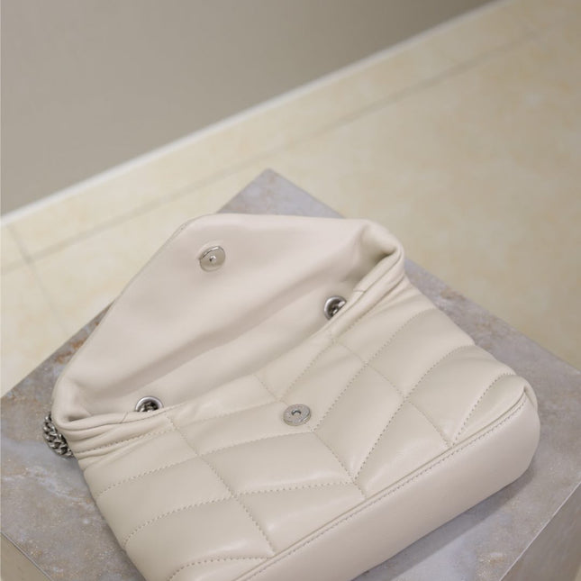 YSL 25S LOULOU PUFFER MINI 23 IN SMOKEY TAUPE CALFSKIN SILVER HARDWARE